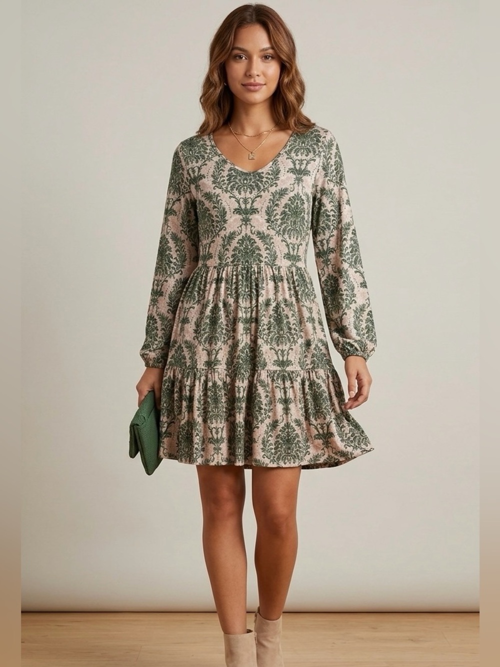 Green Damask V-Neck Tiered Long Sleeve Mini Dress Boho